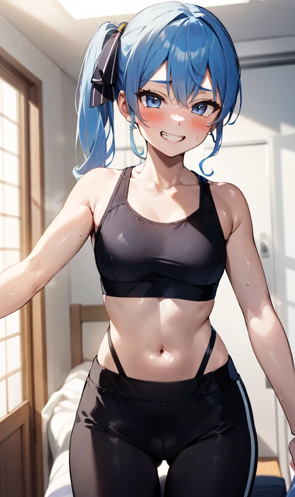 1girl, solo, , , SuiseiStellar, long hair,sports bra,leggings,(((trembling))),(blush,grin),nsfw,my room,looking viewer,side ponytail