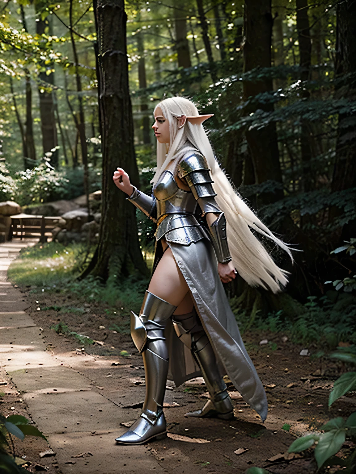 fullbody side view of angry medieval fantasy elf female wizard in action pose with long white hair plate armor fighting  in a forest