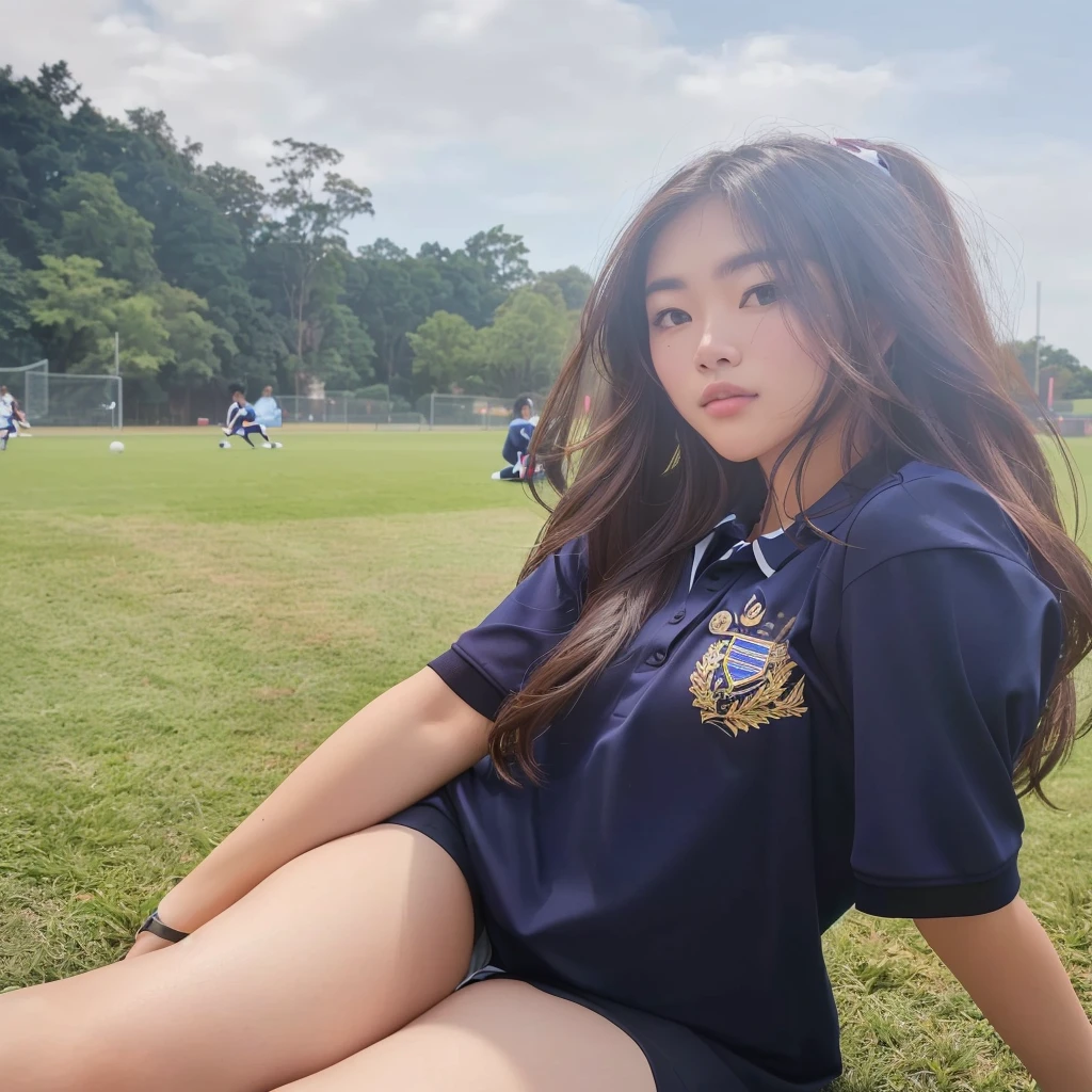 arafed woman sitting on the grass in a park with a frisbee, girl dressing uniform, Cindy Avelino, 🤤 portrait of , dressing a school soccer uniform, Uniforme JK, mid shot portrait, dressing , really uncomplicated, taken with the best dlsr camera, frontal portrait, dressing polo shirt, art admirer, nodded, of uniform