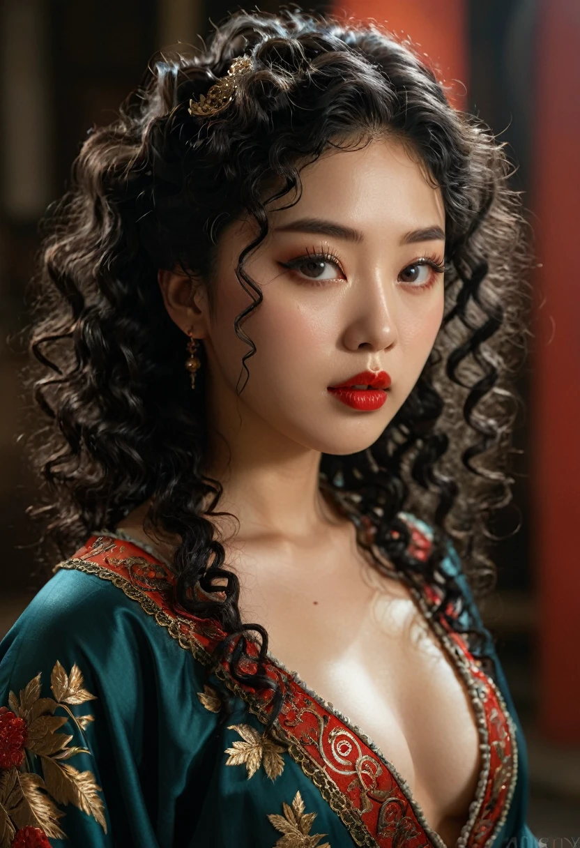 (1 girl 1.3) (extremely detailed 1.3) (anatomically correct, High precision, realistic skin) (RAW photo, nikon, 8k, Super detailed, advanced details, intricate details,), (Lighting: Face lighting, Ray tracing, reflective light, Structurally correct)  ((divine aura, greek goddess of fertility, sex, and eroticism) (Subject: beautiful half-asian, mixed asian-european, bronze skin, woman with hair in black curls and coils) (wearing: detailed embroidered goth ta extravagent many layers renaissance japanese medieval tokugawa), [(best quality, highres, masterpiece:1.2), A half-asian half greek female virgin sacrifice, bronze skin, in the style of Boris Valloje, full body portrait, sharp focus, vivid colors, detailed facial features, black curly wavy hair, expressive eyes, full red lips, creative atmosphere, bursts of inspiration,, huge , long legs, water temple] teal, bronze, slate, rust