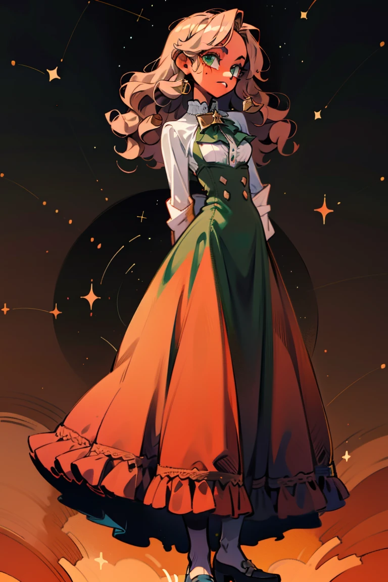 masterpiece, absurdres, 1girl, cowboyshot, tachi-e, mature woman, best aesthetics, medium breasts, wide hips, thick thighs, dark hair, narrow eyes, dark skin, ankle-length dress, arched nose, soft shading, very detailed face, clean lines, dynamic pose, anatomically correct, hyperdetailed, beautiful lighting, dark atmosphere, dark eyeshadow, good makeup, detailed hair, green eyes, sparkling eyes, telescope, magic, fantasy, medieval, high fantasy, black stockings, comfy, cozy, tareme, medium chest, SFW, long dress, arms behind back, outdoors, constellations in sky, stargazing, extremely curly hair, BC shape hair strand, closed wavy hair