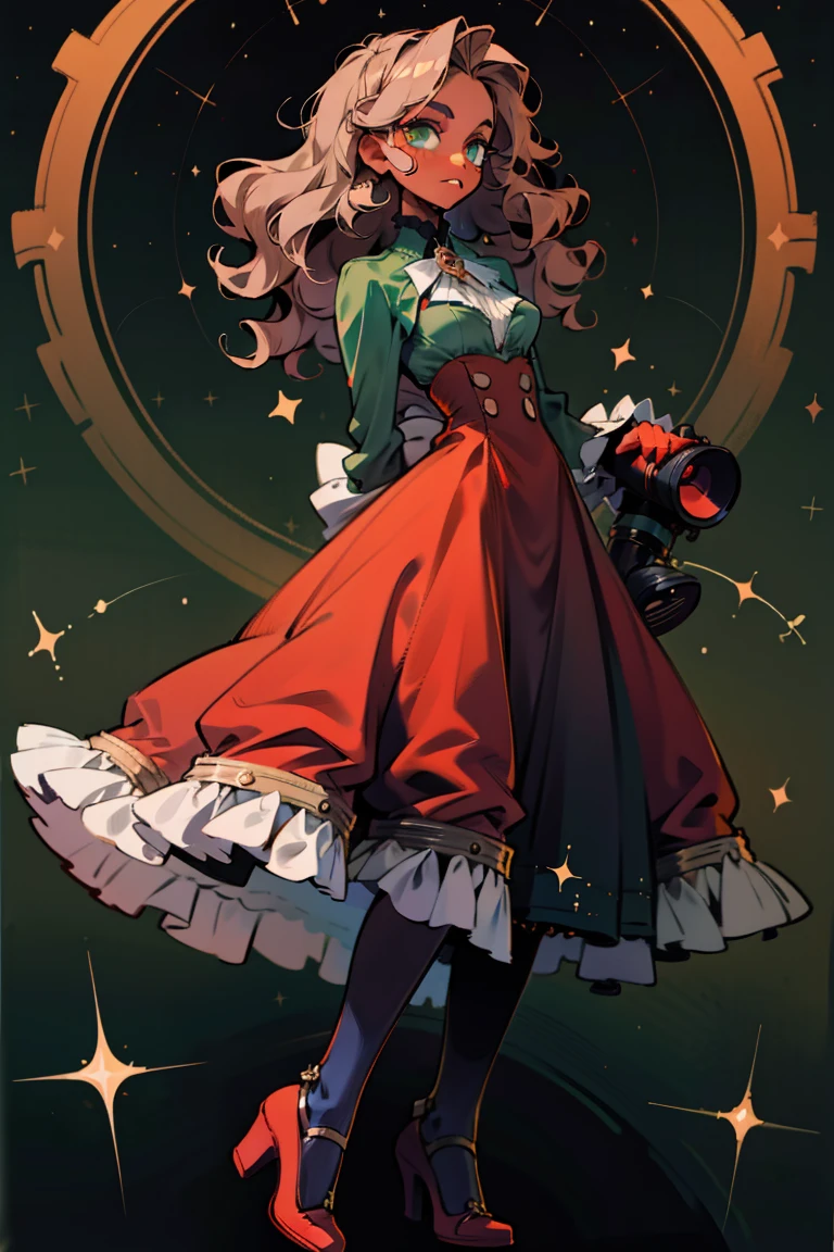 masterpiece, absurdres, 1girl, cowboyshot, tachi-e, mature woman, best aesthetics, medium breasts, wide hips, thick thighs, dark hair, narrow eyes, dark skin, ankle-length dress, arched nose, soft shading, very detailed face, clean lines, dynamic pose, anatomically correct, hyperdetailed, beautiful lighting, dark atmosphere, dark eyeshadow, good makeup, detailed hair, green eyes, sparkling eyes, telescope, magic, fantasy, medieval, high fantasy, black stockings, comfy, cozy, tareme, medium chest, SFW, long dress, arms behind back, outdoors, constellations in sky, stargazing, extremely curly hair, BC shape hair strand, closed wavy hair