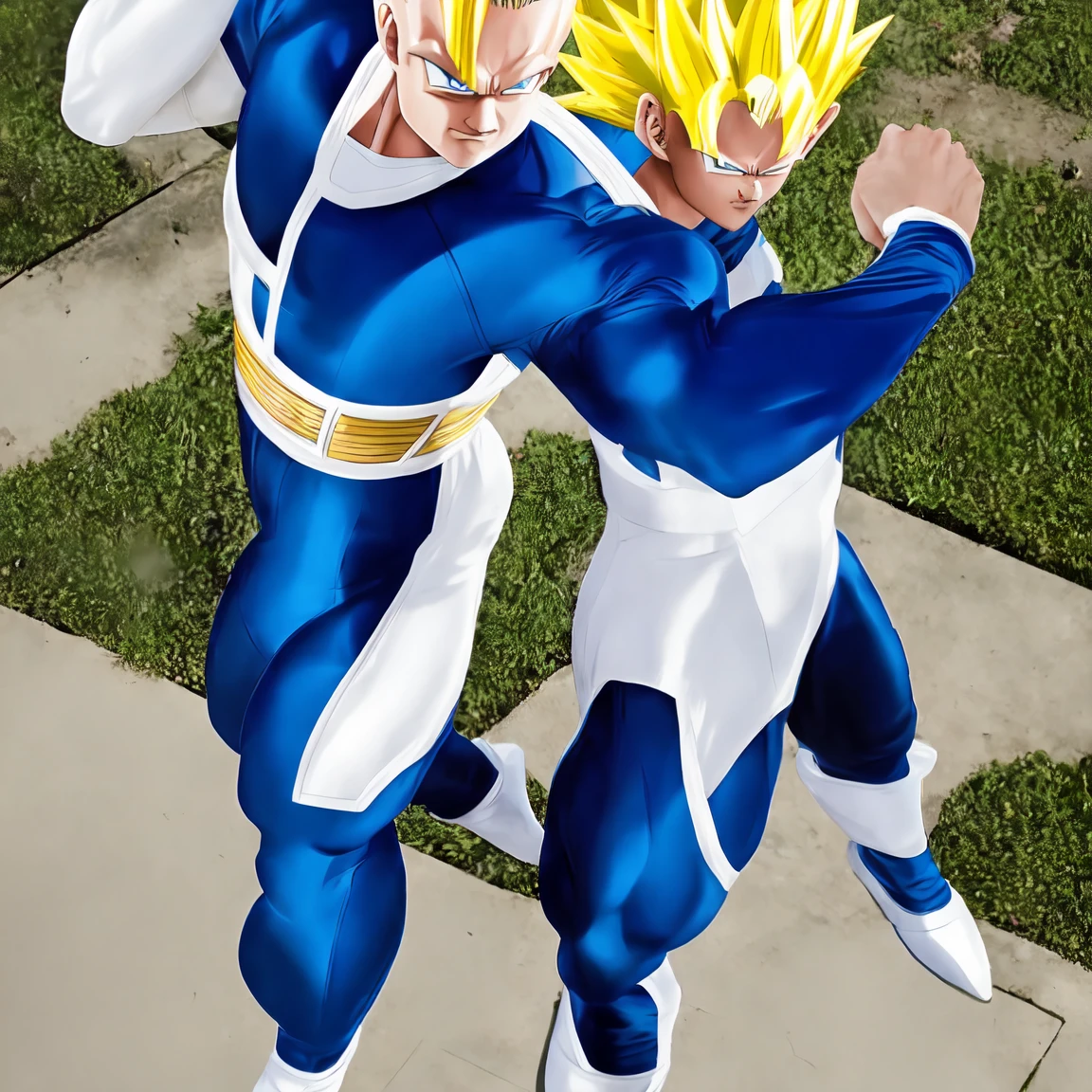 1boy, vegetass2, bodysuit, blue bodysuit, looking at viewer, blonde hair, gloves, green eyes, male focus, white gloves, armor, muscular, spiked hair, saiyan armor, big muscles, huge muscles