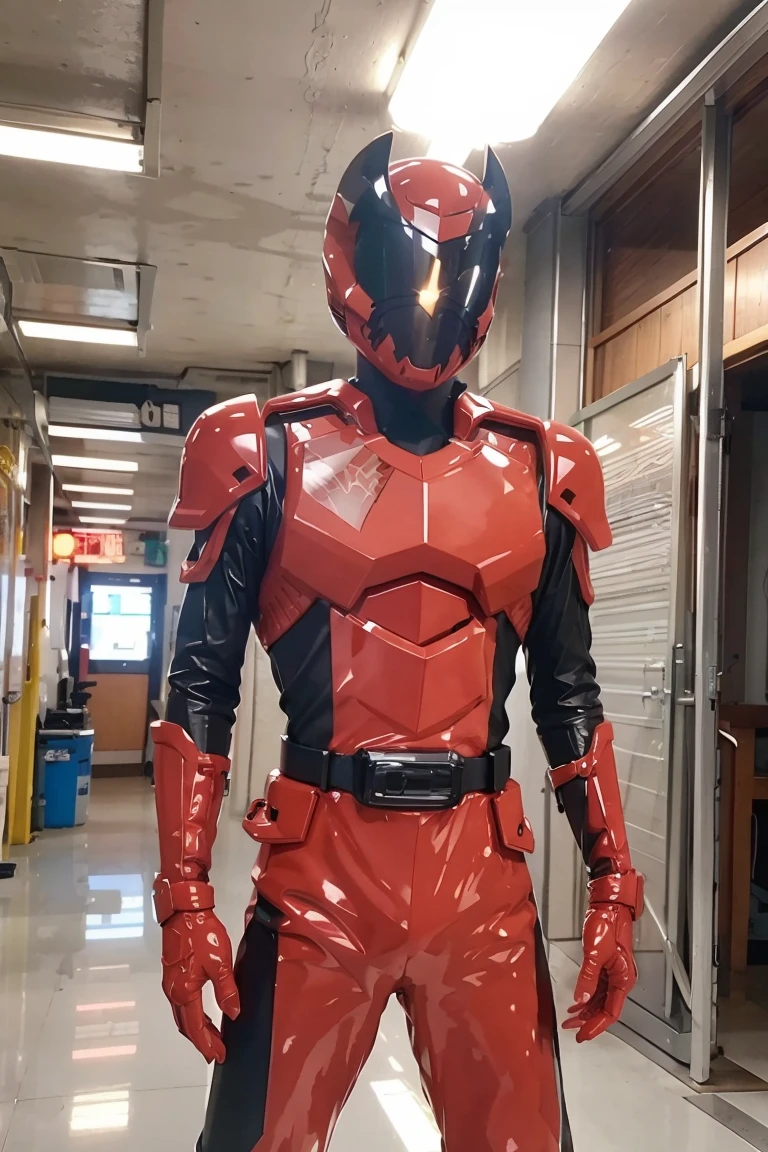 (extremely detailed CG unity 8k wallpaper,masterpiece),(best illumination, best shadow, an extremely delicate and beautiful),(1boy),blue eyes, dark hair,red and black sci-fi bodysuit,neck seal,high-tech sci-fi hallway, dynamic pose, detailed machinery, sleek design.