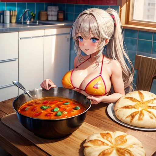 A girl in a micro bikini making a giant naan curry