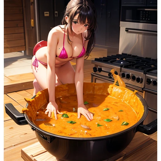 A girl in a micro bikini making a giant naan curry