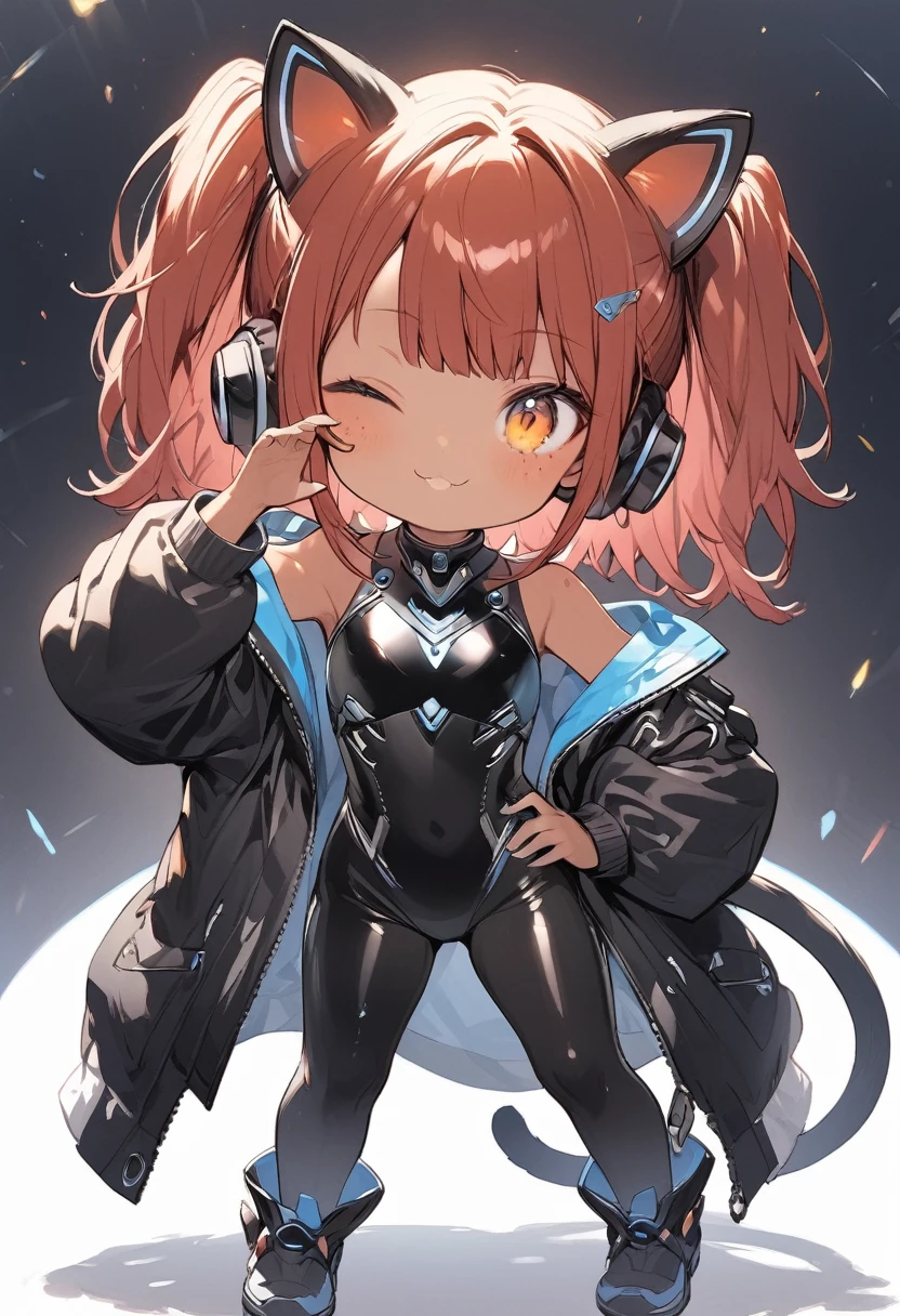 full body,1 girl,(cute:1.3),red Hair, left eye blue, right eye yellow, tan skin, freckles,｛White breastplate, Black futuristic cat ear headphones, Mechanical black glossy metallic Bodysuit, Bare shoulders, oversized jacket, futuristic cat tail, Glossy, shiny material, hand on hip pose
