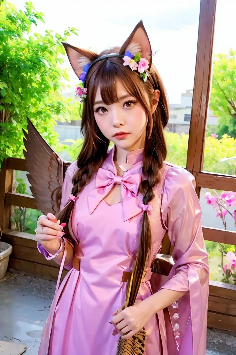 1girl, naked, animal ears, purple eyes, brown hair, wings, solo, long hair, blush, cat ears, flowers, looking at viewer, braids, bows, dresses, pink flowers, bows, hair accessories, bangs, cats, hair flower, animal ear hair, holding, virtual youtuber, blue bow, holding animal, catwoman, stuffed toy