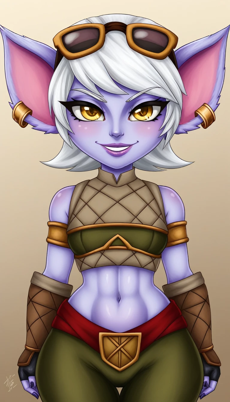 TristanaLoLXL, yordle, yellow eyes, pointy ears, by white, short hair, earrings, glasses on head, purple skin, colored skin. old, belly button, female caveman clothing