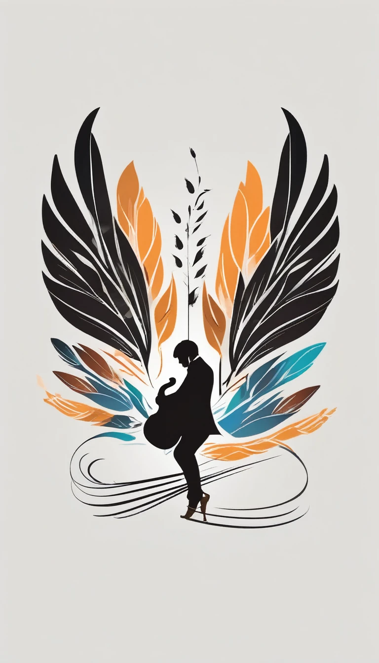 Create a cinematic image, abstract symbol for a film production company based on stories and music. The logo should represent the companionship between a boy musician, A storyteller fantasy bird, a dreamy feather, A boy and a guitar. Minimalist symbol design
