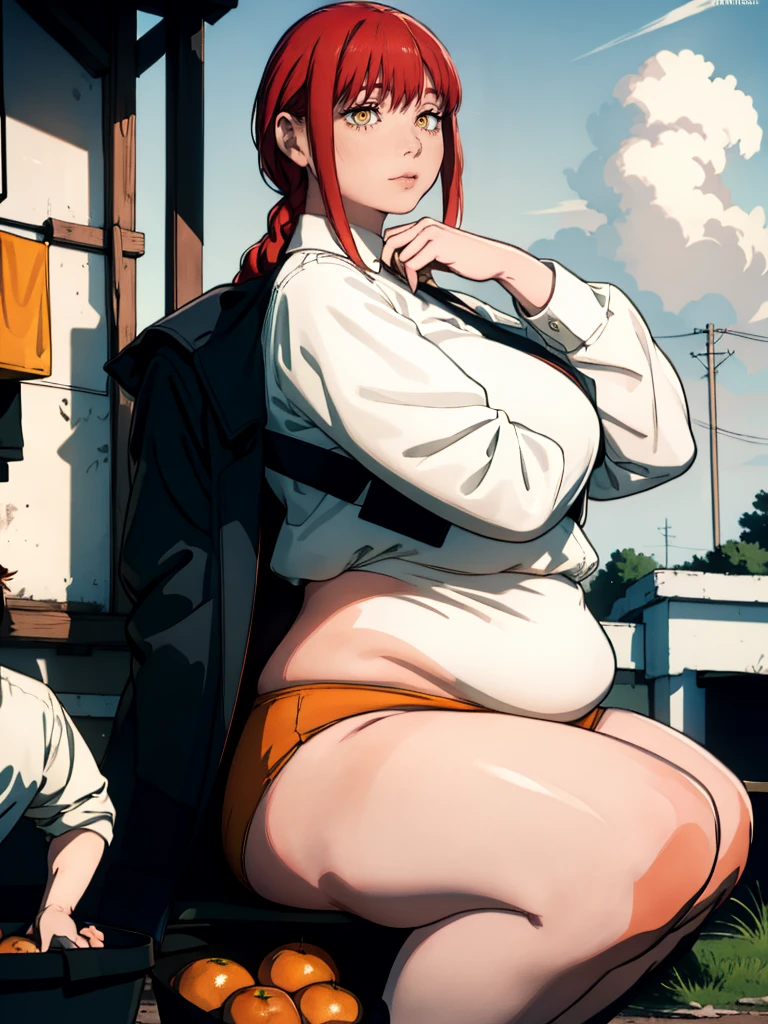 Le personnage Makima de la série animée Chainsaw Man, fragile, obésité morbide, ssbbw, pleine longueur (corps entier 1.1.), fond sombre, obscurité, anatomie correcte 1.1, anatomie correcte de la main, Très féminin, corps gras et rond, grosses Jambes, fesses, beau corps obèse, ventre rond et mou très gras, cheveux roux, Yeux oranges, Cercles rouges pour les écoliers, chemise blanche, jupe noire, cravate noire, pose sexy, réaliste, very détaillé, beau corps, détaillé body, détaillé hands, détaillé, vibrant, détaillé Face, Conception des personnages de Makima. very détaillé, détaillé body, détaillé hands, détaillé Face, Art animé, Hugh Détails, Visage très abattu, détaillé eyes, Illustration ultra fine, Meilleure ombre, détail fin, beautiful détaillé glow, beautiful détaillé, Extraordinairement beau, extremely détaillé, inexpressif, composition épique, Style animé. art animé, Style animé. Jupe noire, chemise blanche, cravatte, pose sexy, visage gras, visage bouffi et gros, double menton