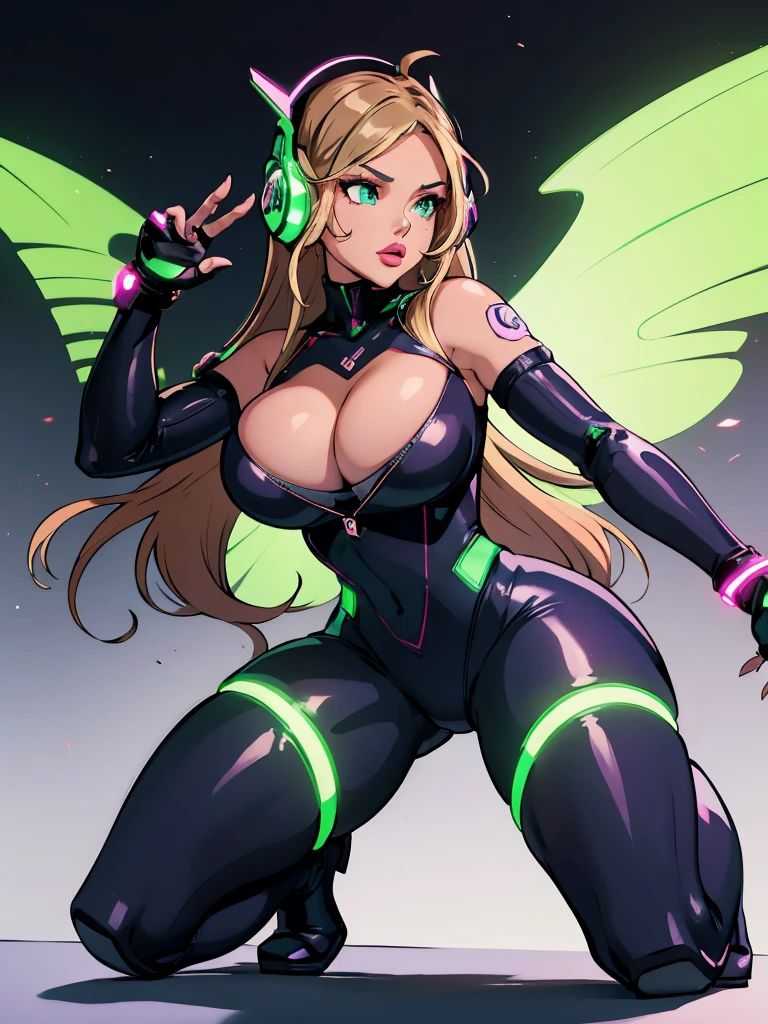 future, neon, tech Valkyrie, technology bodysuit,tech boots, tech gloves, tech headphones, cleavage, fullbody dynamic sexy pose, Tech futuristic armor. 