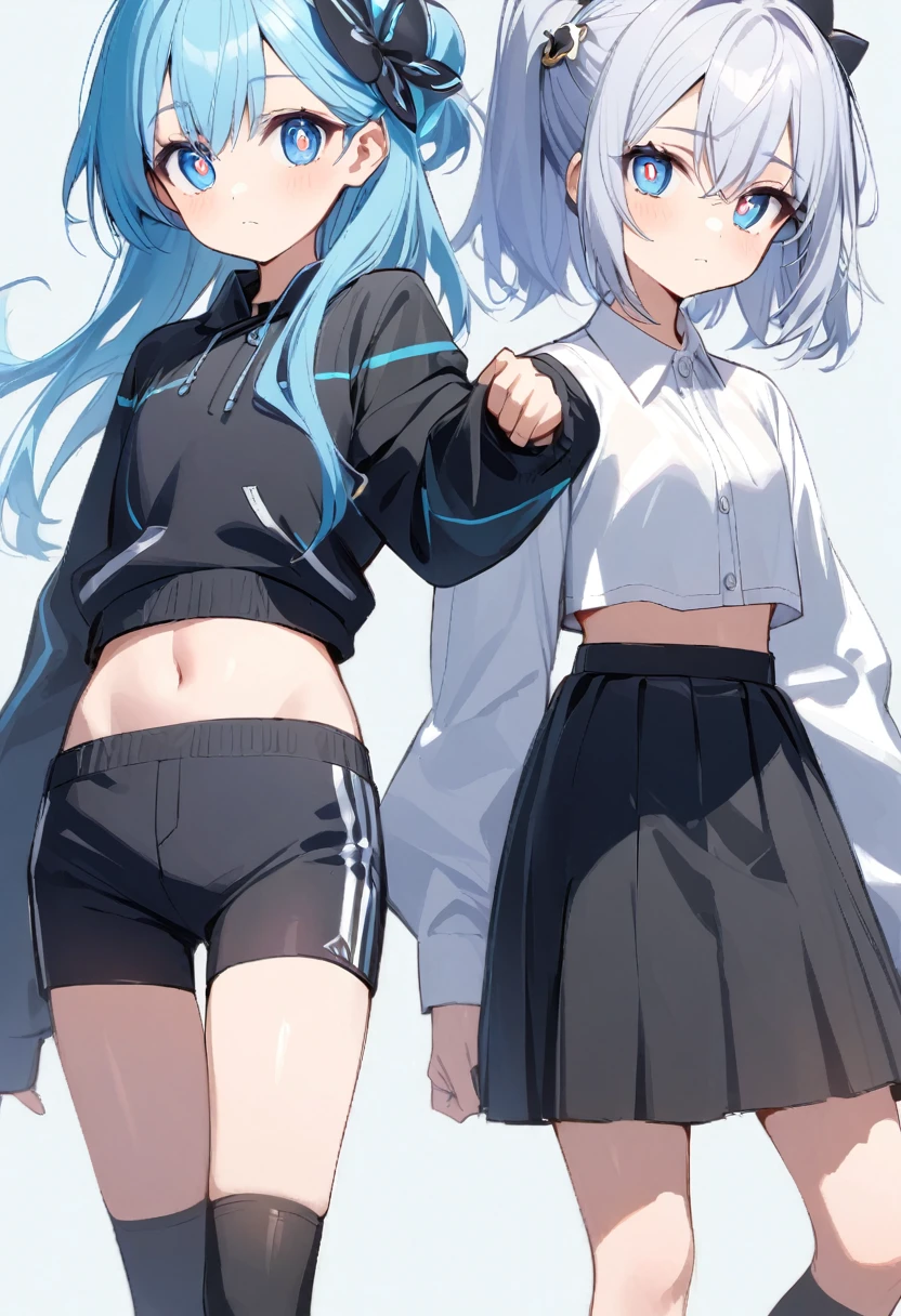 age girls About 18 years old, thigh-length light blue hair and blue eyes with water-shaped pupils. White sleeveless collared shirt with midriff length. Black shorts and wears a jacket from the upper arm to the stomach and is white, the sleeves of the jacket are longer than the hands, wears black socks up to the calf. white shoes, and hair accessories