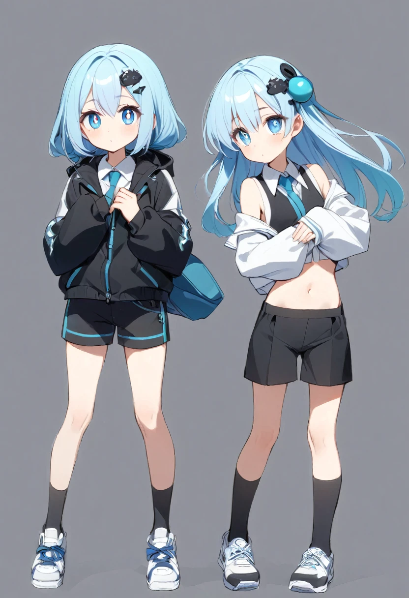  Teenage girls About 18 years old, thigh-length light blue hair and blue eyes with water-shaped pupils. White sleeveless collared shirt with midriff length. Black shorts and wears a jacket from the upper arm to the stomach and is white, the sleeves of the jacket are longer than the hands, wears black socks up to the calf. white shoes, and hair accessories