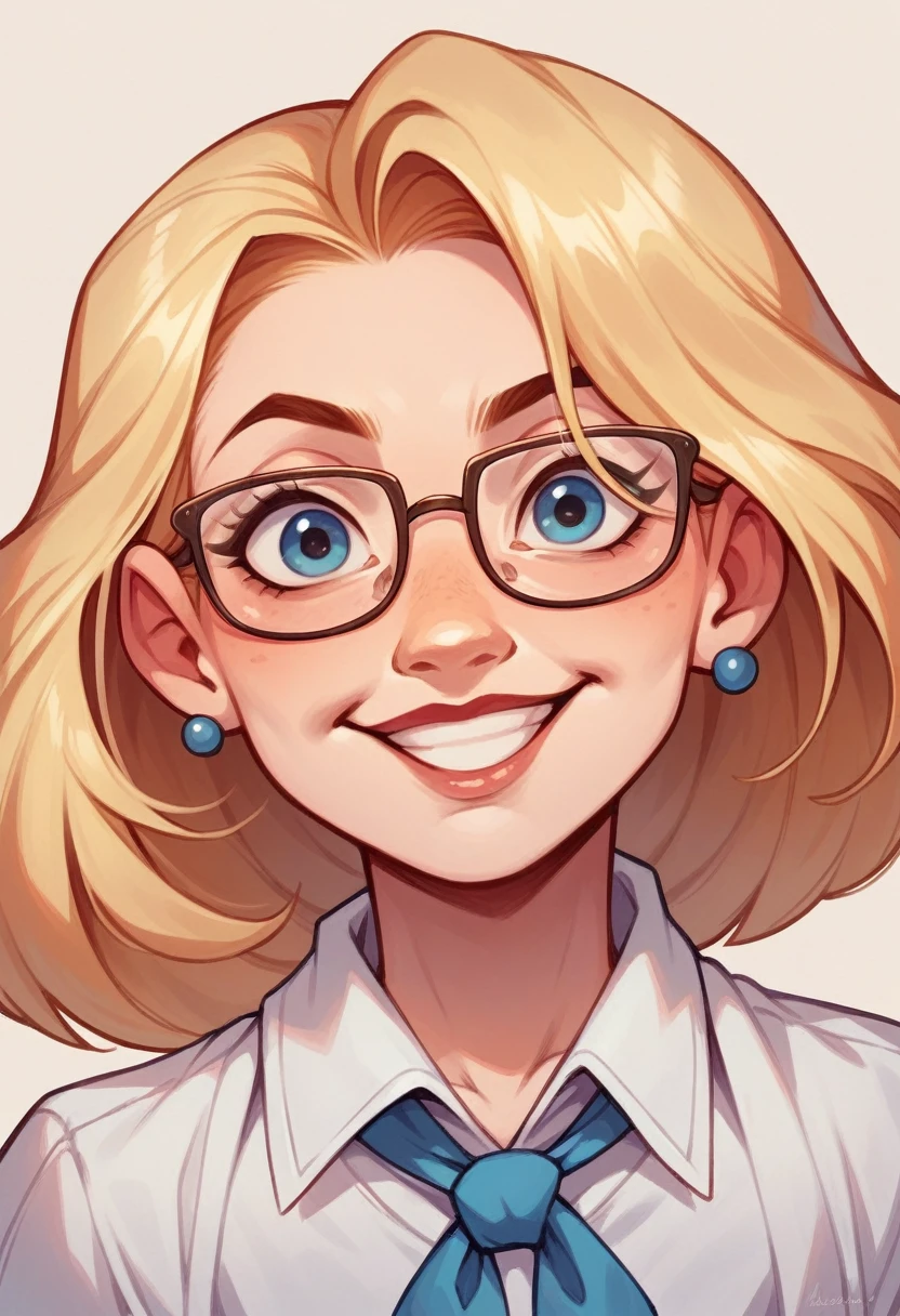  with glasses, very pretty smile and straight, blonde Disney-style hair
