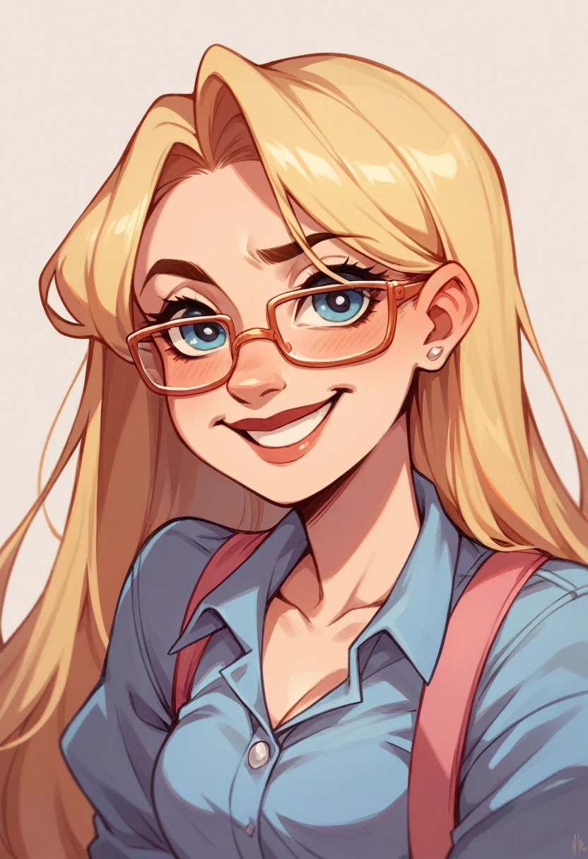  with glasses, very pretty smile and straight, blonde Disney-style hair
