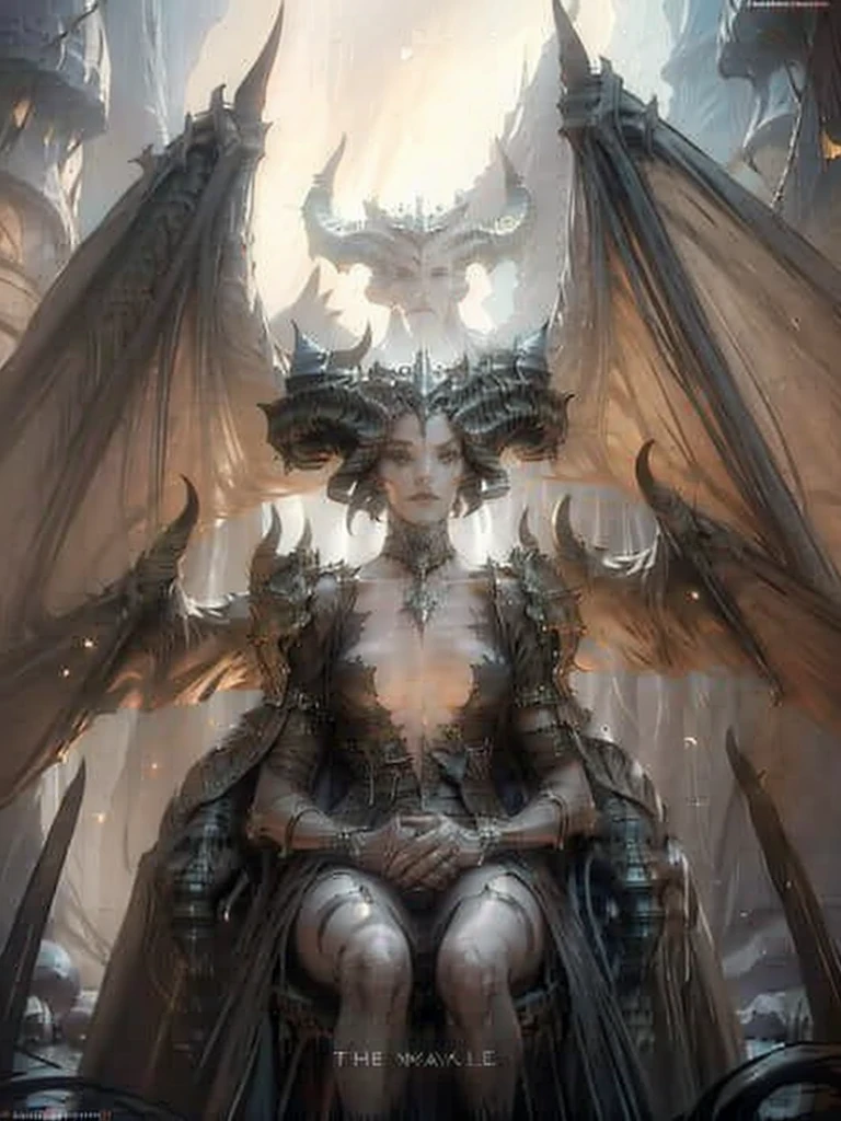 a fantasy image, a cave full of bones and a throne of skulls, it should show a thin moonlight, in the center of the image there should be a woman with bat wings and horns, the bottom should be rocky with an opening at the top of the cave.