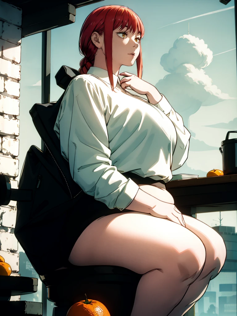 Le personnage Makima de la série animée Chainsaw Man, fragile, obésité morbide, ssbbw, pleine longueur (corps entier 1.1.), fond sombre, obscurité, anatomie correcte 1.1, anatomie correcte de la main, Très féminin, corps gras et rond, grosses Jambes, fesses, beau corps obèse, ventre rond et mou très gras visible, cheveux roux, Yeux oranges, Cercles rouges pour les écoliers, chemise blanche, jupe noire, cravate noire, pose sexy, réaliste, very détaillé, beau corps, détaillé body, détaillé hands, détaillé, vibrant, détaillé Face, Conception des personnages de Makima. very détaillé, détaillé body, détaillé hands, détaillé Face, Art animé, Hugh Détails, Visage très abattu, détaillé eyes, Illustration ultra fine, Meilleure ombre, détail fin, beautiful détaillé glow, beautiful détaillé, Extraordinairement beau, extremely détaillé, inexpressif, composition épique, Style animé. art animé, Style animé. Jupe noire, chemise blanche, cravatte, pose sexy