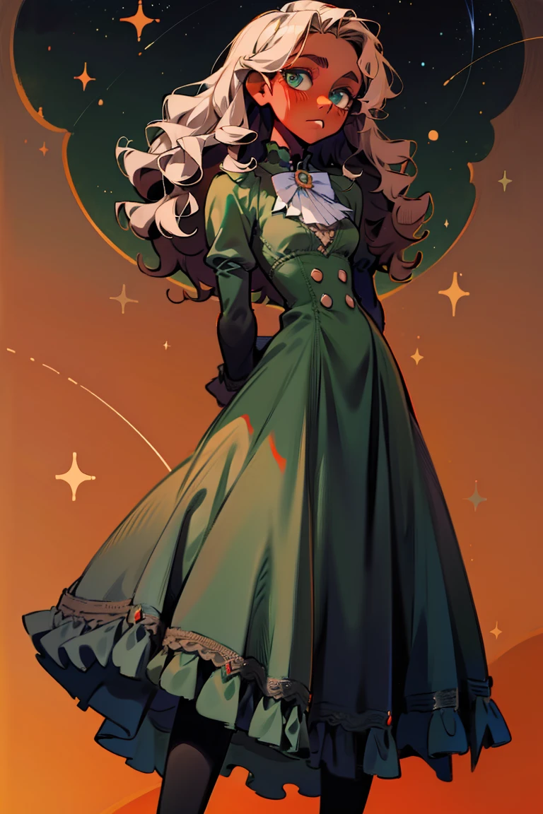 masterpiece, absurdres, 1girl, cowboyshot, tachi-e, mature woman, best aesthetics, medium breasts, wide hips, thick thighs, dark hair, narrow eyes, dark skin, ankle-length dress, arched nose, soft shading, very detailed face, clean lines, dynamic pose, anatomically correct, hyperdetailed, beautiful lighting, dark atmosphere, dark eyeshadow, good makeup, detailed hair, green eyes, sparkling eyes, telescope, magic, fantasy, medieval, high fantasy, black stockings, comfy, cozy, tareme, medium chest, SFW, long dress, arms behind back, outdoors, constellations in sky, stargazing, extremely curly hair, BC shape hair strand, closed wavy hair, african