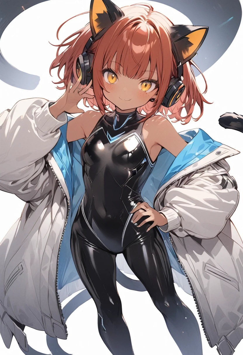 full body,1 girl, Android girl, cyberpunk, chibi emote, chibi character, jumping pose, (cute:1.3),red Hair, left eye yellow, right eye blue, tan skin, freckles｛White breastplate, Black futuristic headphones, Mechanical black glossy metallic Bodysuit, Bare shoulders, oversized jacket, Glossy, shiny material｝