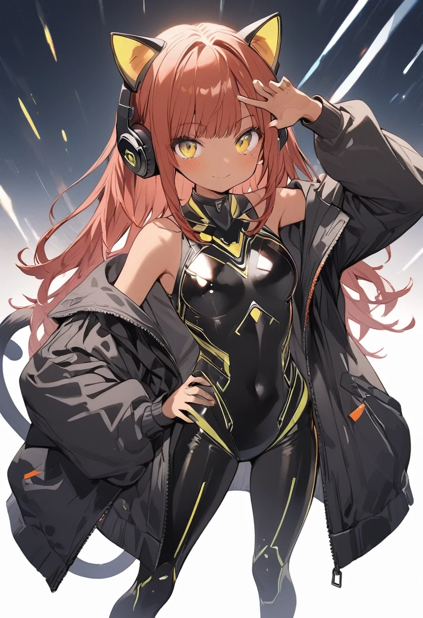 full body,1 woman, 20 years old (cute:1.3),red Hair, left eye blue, right eye yellow, tan skin, freckles,{White breastplate, Black futuristic cat ear headphones, Mechanical black glossy metallic Bodysuit, Bare shoulders, oversized jacket, futuristic cat tail, Glossy, shiny material, hand on hip pose
