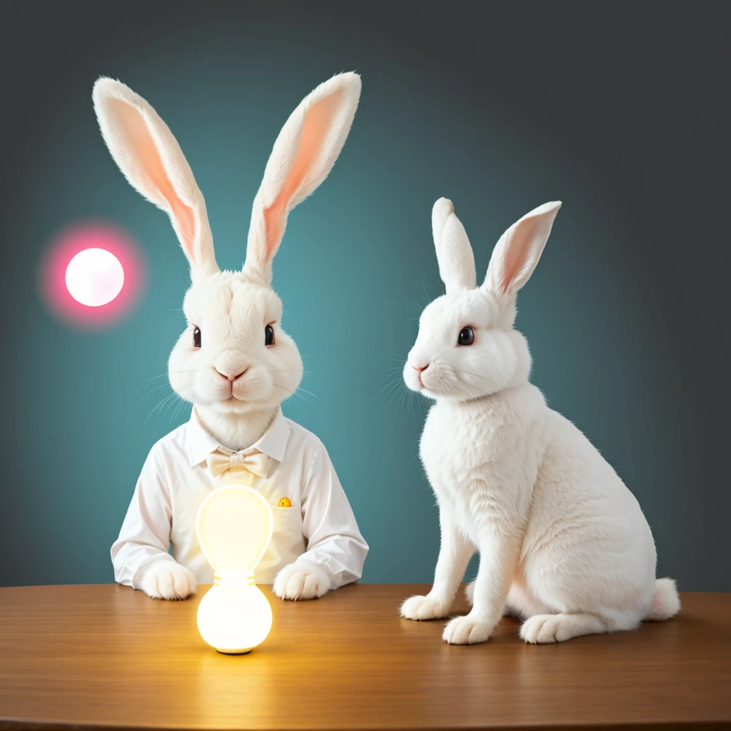 a cartoon rabbit with glowing eyes and glowing eyes sitting on a table, cute anthropomorphic bunny, adorable digital painting, adorable glowing creature, cute digital art, rabbit_bunny, rabbt_character, electrixbunny, super cute and friendly, beautiful white glowing eyes, cute character, rabbit, rabbit face only, big glowing eyes, profile pic, beautiful and cute