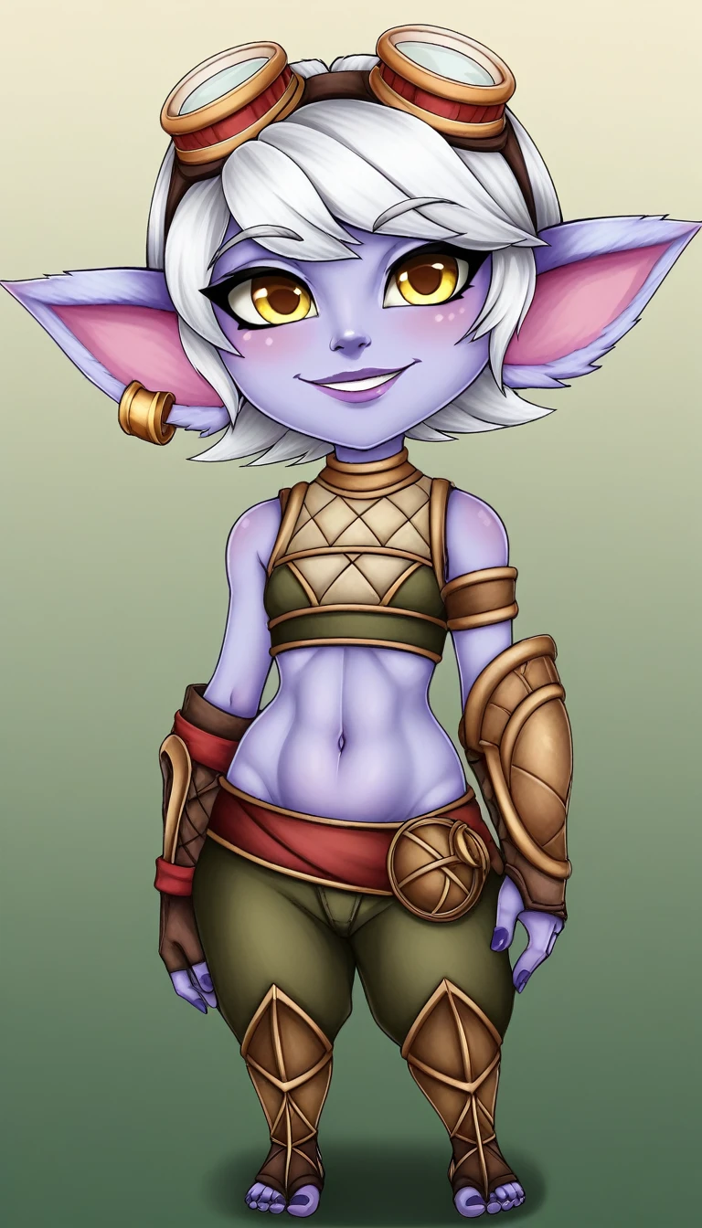 TristanaLoLXL, yordle, yellow eyes, pointy ears, by white, short hair, earrings, glasses on head, purple skin, colored skin. old, belly button, prehistoric clothing