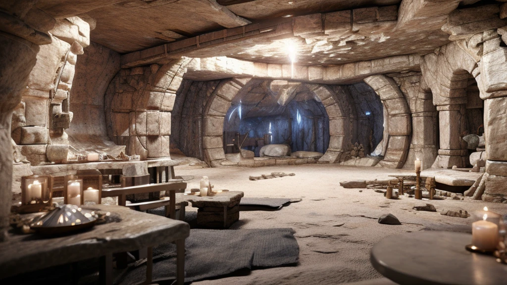In a remote corner of an ancient and mysterious world, lies a vast system of caves and tunnels. Here, mythological dwarves have made their home for centuries. The walls of these caves are covered in crystals that seem to have been carved by the gods. The crystals emit a soft and ethereal light, creating an iridescent glow throughout the space. The dwarves have learned to take advantage of this natural luminescence. Their lamps and jewelry are made from fragments of these crystals, and the caves shine like a starry sky at night. The tunnels are reinforced with wooden and stone beams, and the walls are marked with runic inscriptions that tell stories of dwarven heroes and ancient covenants., cinematic lighting, ray tracing, atmospheric perspective, Wide-Angle, HD, 4K