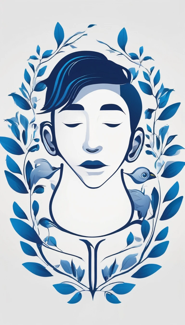 Create a white-blue, minimalistic, symbol design of a head half fantasy bird with five giant leaves on both sides of the face and half boy face dreamer. Logo must be in a minimalistic style and convey the companionship between a boy and a bird