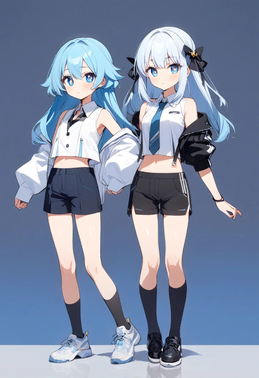Teenage girls About 18 years old, thigh-length light blue hair and blue eyes with water-shaped pupils. White sleeveless collared shirt with midriff length. Black shorts and wears a jacket from the upper arm to the stomach and is white, the sleeves of the jacket are longer than the hands, wears black socks up to the calf. white shoes, and hair accessories