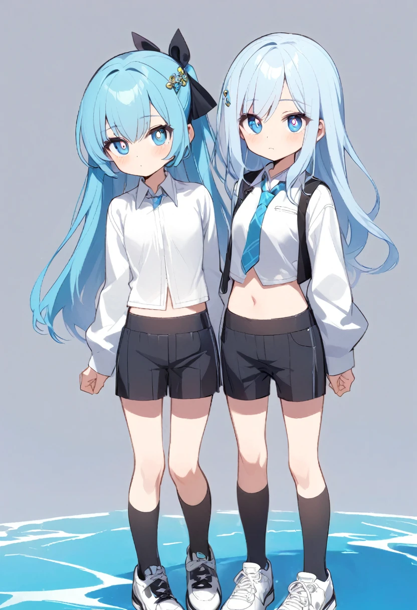 age girls About 18 years old, thigh-length light blue hair and blue eyes with water-shaped pupils. White sleeveless collared shirt with midriff length. Black shorts and wears a jacket from the upper arm to the stomach and is white, the sleeves of the jacket are longer than the hands, wears black socks up to the calf. white shoes, and hair accessories