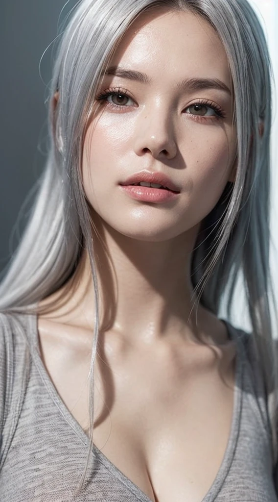 (photo realistic:1.4), (hyper realistic:1.4), (realistic:1.3), (smoother lighting:1.05), (increase cinematic lighting quality:0.9), 32K, 1girl, 19 year old girl, 172 cm tall, chest size 34D, ((long silver hair )), realistic lighting, backlighting, light on face, ray trace, (brightening light:1.2), (Increase quality:1.4), (best quality real texture skin:1.4), finely detailed eyes, finely detailed face, finely quality (gray eyes), (tired and sleepy and satisfied:1.0), face closeup, t-shirts, (Increase body line mood:1.1), (Increase skin texture beauty:1.1)