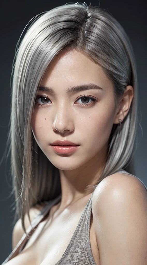 (photo realistic:1.4), (hyper realistic:1.4), (realistic:1.3), (smoother lighting:1.05), (increase cinematic lighting quality:0.9), 32K, 1girl, 19 year old girl, 172 cm tall, chest size 34D, ((long silver hair )), realistic lighting, backlighting, light on face, ray trace, (brightening light:1.2), (Increase quality:1.4), (best quality real texture skin:1.4), finely detailed eyes, finely detailed face, finely quality (gray eyes), (tired and sleepy and satisfied:1.0), face closeup, t-shirts, (Increase body line mood:1.1), (Increase skin texture beauty:1.1)