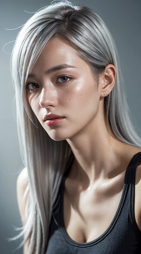 (photo realistic:1.4), (hyper realistic:1.4), (realistic:1.3), (smoother lighting:1.05), (increase cinematic lighting quality:0.9), 32K, 1girl, 19 year old girl, 172 cm tall, chest size 34D, ((long silver hair )), realistic lighting, backlighting, light on face, ray trace, (brightening light:1.2), (Increase quality:1.4), (best quality real texture skin:1.4), finely detailed eyes, finely detailed face, finely quality (gray eyes), (tired and sleepy and satisfied:1.0), face closeup, t-shirts, (Increase body line mood:1.1), (Increase skin texture beauty:1.1)