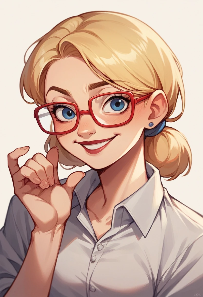 with glasses, very pretty smile and straight, blonde hair styled in the style of Disney pixar films