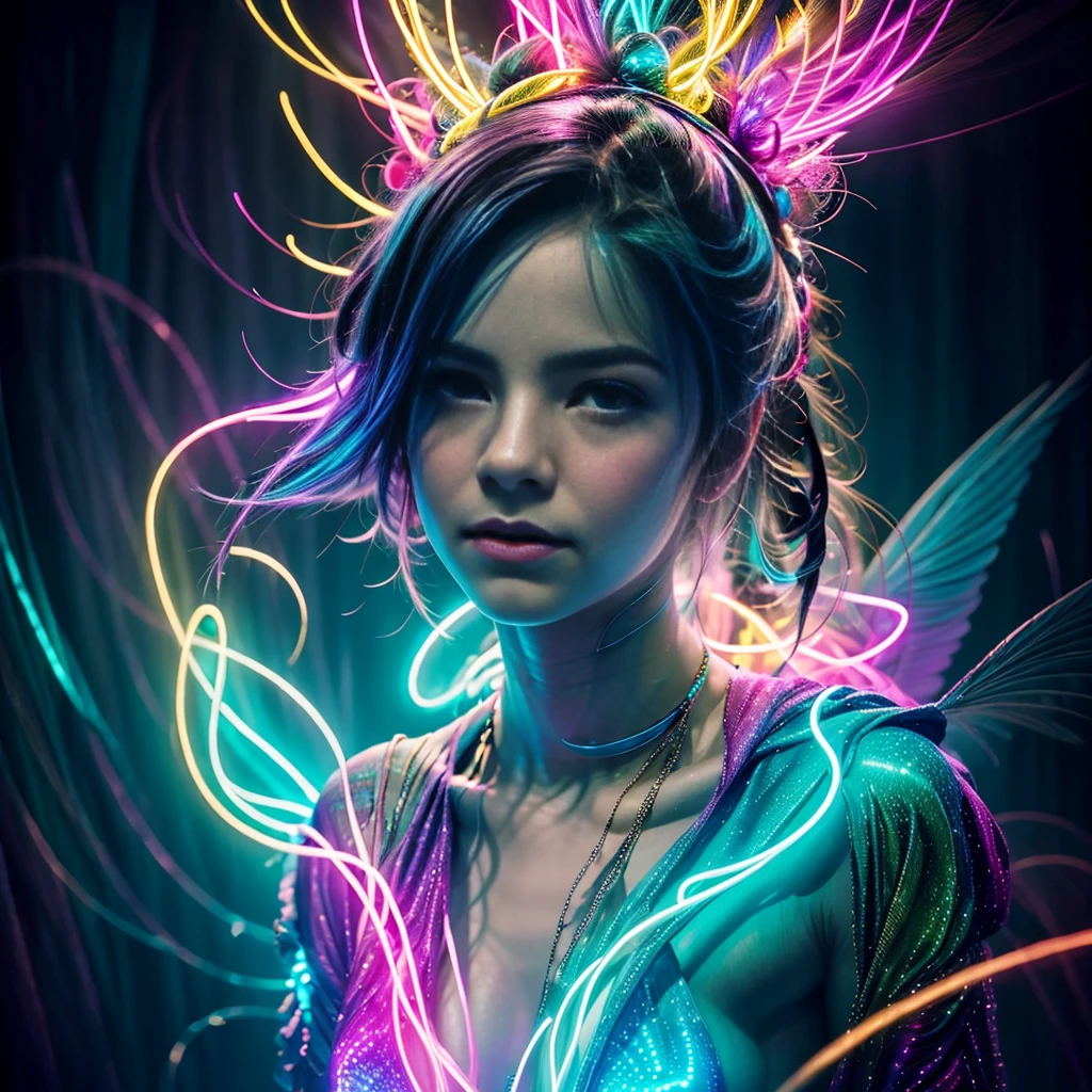 In this Esao Andrews' mesmerizing hyper-realistic portrait, a captivating human-bird creature with a slender frame and translucent, bioluminescent skin illuminates the scene. The creature's delicate form emits a stunning neon glow, while it tenderly cradles its enchanting bird-like face, which is adorned with a myriad of multi-colored neon dots radiating brilliant light. The dreamy atmosphere, saturated with a vibrant color palette, transports the viewer into a world of wonder and mystery, perfectly encapsulating the artist's signature style. The cinematic quality of the image makes it suitable for a poster, inviting the audience to dive into a realm of enchantment and intrigue., poster, photo, vibrant, cinematic