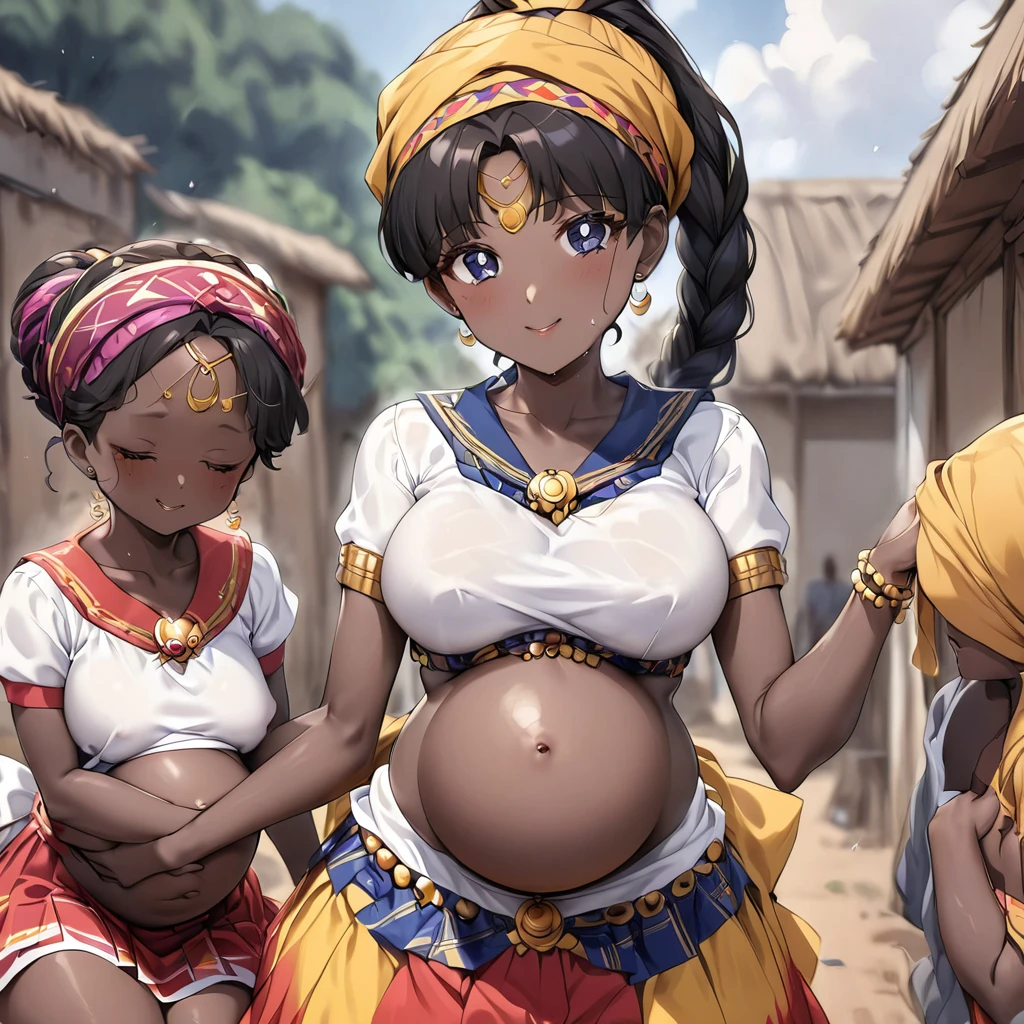 ((Highest quality)), ((masterpiece)), (detailed), （Perfect Face）、The woman is a Ghanaian born Tsukino Usagi with a vivid dark skin, black by birth, and is wearing a colorful Ghanaian dress from a Ghanaian village, a colorful turban head scarf, gorgeous jeweled accessories, and an engagement ring.、The woman is the elegant Tsukino Usagi, with her short black afro hair tied up in a Ghana braid, wearing a colorful Ghanaian dress and a colorful turban head scarf, with vibrant dark brown skin, a natural-born black person, and a natural-born Ghanaian, Tsukino Usagi.、（The woman is a black Ghanaian with vivid dark brown skin.）、The woman is raising children and doing village work with other village girls in her village in Ghana.、The women are pregnant、The woman is holding her baby daughter