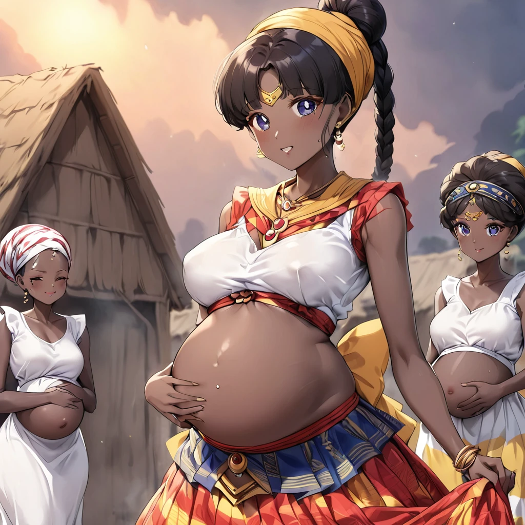 ((Highest quality)), ((masterpiece)), (detailed), (Perfect Face)、The woman is a Ghanaian born Tsukino Usagi with a vivid dark skin, black by birth, and is wearing a colorful Ghanaian dress from a Ghanaian village, a colorful turban head scarf, gorgeous jeweled accessories, and an engagement ring.、The woman is the elegant Tsukino Usagi, with her short black afro hair tied up in a Ghana braid, wearing a colorful Ghanaian dress and a colorful turban head scarf, with vibrant dark brown skin, a natural-born black person, and a natural-born Ghanaian, Tsukino Usagi.、(The woman is a black Ghanaian with vivid dark brown skin.)、The woman is raising children and doing village work with other village girls in her village in Ghana.、The women are pregnant、The woman is holding her baby daughter