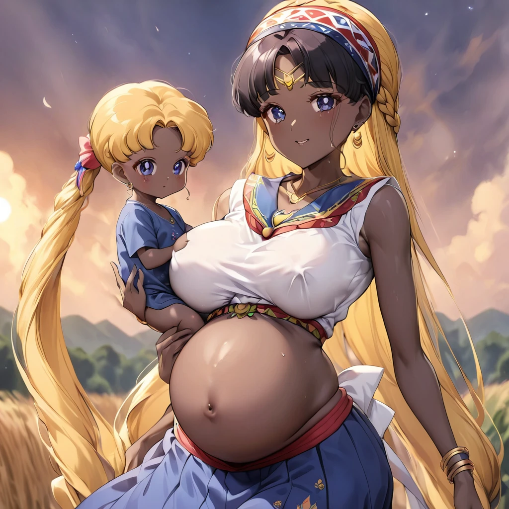 ((Highest quality)), ((masterpiece)), (detailed), (Perfect Face)、The woman is a Ghanaian born Tsukino Usagi with a vivid dark skin, black by birth, and is wearing a colorful Ghanaian dress from a Ghanaian village, a colorful turban head scarf, gorgeous jeweled accessories, and an engagement ring.、The woman is the elegant Tsukino Usagi, with her short black afro hair tied up in a Ghana braid, wearing a colorful Ghanaian dress and a colorful turban head scarf, with vibrant dark brown skin, a natural-born black person, and a natural-born Ghanaian, Tsukino Usagi.、(The woman is a black Ghanaian with vivid dark brown skin.)、The woman is raising children and doing village work with other village girls in her village in Ghana.、The women are pregnant、The woman is holding her baby daughter