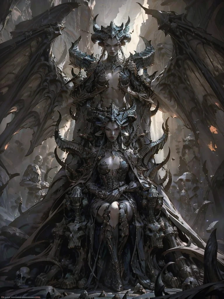 In the art style blending the dynamic realism of Boris Vallejo and the dark sensuality of Luis Royo: a stunning woman with thin long dresses an impeccably sculpted figure is depicted in an intense close-up. She gracefully perches on the lap of Lucifer, who is clad in menacing steel armor adorned with spikes. His throne is a twisted creation made from jagged swords, sharp peaks, and bleached bones interwoven with skulls. The scene is set in a forbidding, rocky landscape where a river of molten lava snakes through, casting an eerie glow. Above, the sky churns with ominous dark clouds, adding to the masterpiece's brooding atmosphere. Every detail is meticulously rendered, creating a hauntingly beautiful vision.