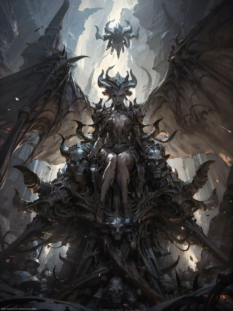 a fantasy image, a cave full of bones and a throne of skulls, it should show a thin moonlight, in the center of the image there should be a woman with bat wings and horns, the bottom should be rocky with an opening at the top of the cave.