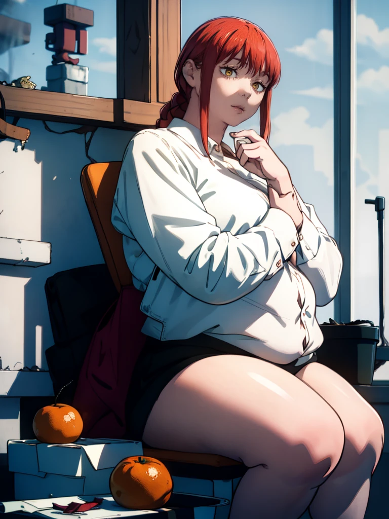 Le personnage Makima de la série animée Chainsaw Man, fragile, obésité morbide, ssbbw, pleine longueur (corps entier 1.1.), fond sombre, obscurité, anatomie correcte 1.1, anatomie correcte de la main, Très féminin, corps gras et rond, grosses Jambes, fesses, beau corps obèse, ventre rond et mou très gras, cheveux roux, Yeux oranges, Cercles rouges pour les écoliers, chemise blanche, jupe noire, cravate noire, pose sexy, réaliste, very détaillé, beau corps, détaillé body, détaillé hands, détaillé, vibrant, détaillé Face, Conception des personnages de Makima. very détaillé, détaillé body, détaillé hands, détaillé Face, Art animé, Hugh Détails, Visage très abattu, détaillé eyes, Illustration ultra fine, Meilleure ombre, détail fin, beautiful détaillé glow, beautiful détaillé, Extraordinairement beau, extremely détaillé, inexpressif, composition épique, Style animé. art animé, Style animé. Jupe noire, chemise blanche, cravatte, pose sexy