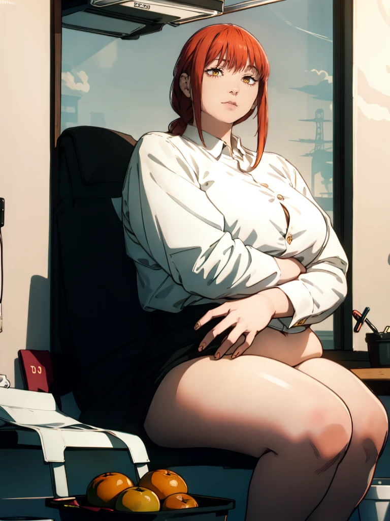 Le personnage Makima de la série animée Chainsaw Man, fragile, obésité morbide, ssbbw, pleine longueur (corps entier 1.1.), fond sombre, obscurité, anatomie correcte 1.1, anatomie correcte de la main, Très féminin, corps gras et rond, grosses Jambes, fesses, beau corps obèse, ventre rond et mou très gras, cheveux roux, Yeux oranges, Cercles rouges pour les écoliers, chemise blanche, jupe noire, cravate noire, pose sexy, réaliste, very détaillé, beau corps, détaillé body, détaillé hands, détaillé, vibrant, détaillé Face, Conception des personnages de Makima. very détaillé, détaillé body, détaillé hands, détaillé Face, Art animé, Hugh Détails, Visage très abattu, détaillé eyes, Illustration ultra fine, Meilleure ombre, détail fin, beautiful détaillé glow, beautiful détaillé, Extraordinairement beau, extremely détaillé, inexpressif, composition épique, Style animé. art animé, Style animé. Jupe noire, chemise blanche, cravatte, pose sexy