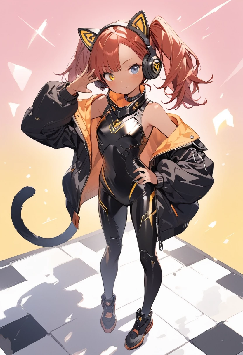full body,1 woman, 20 years old (cute:1.3),short red Hair, left eye blue, right eye yellow, tan skin, freckles,{White breastplate, Black futuristic cat ear headphones, Mechanical black glossy metallic Bodysuit, Bare shoulders, oversized jacket, futuristic cat tail, Glossy, shiny material, hand on hip pose
