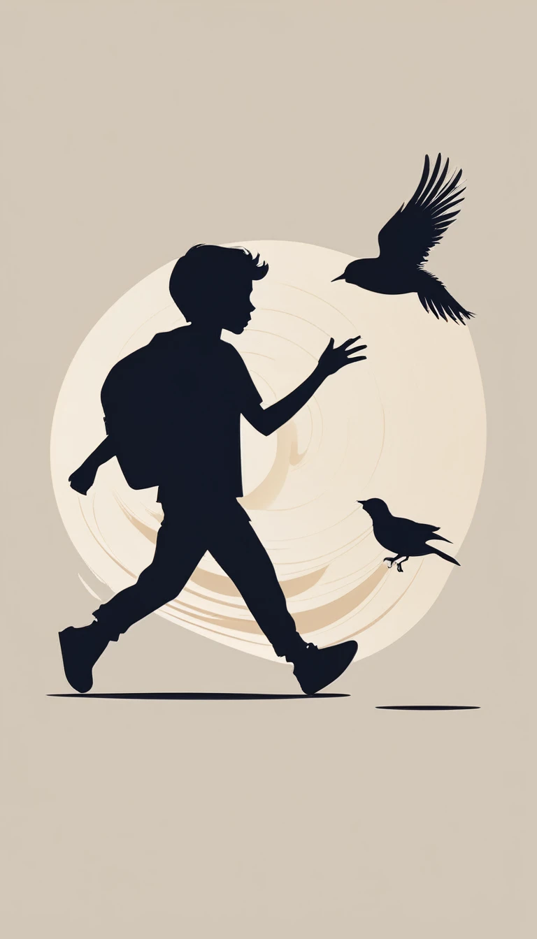 Create a modern, minimalistic logo design for a brand about music and movies. The logo must be in minimalistic style and convey a sense of storytelling. The logo is the silhouette of a boy and a bird. The boy is running with open arms, holding an acoustic guitar in the right hand and a bird feather in the left hand.