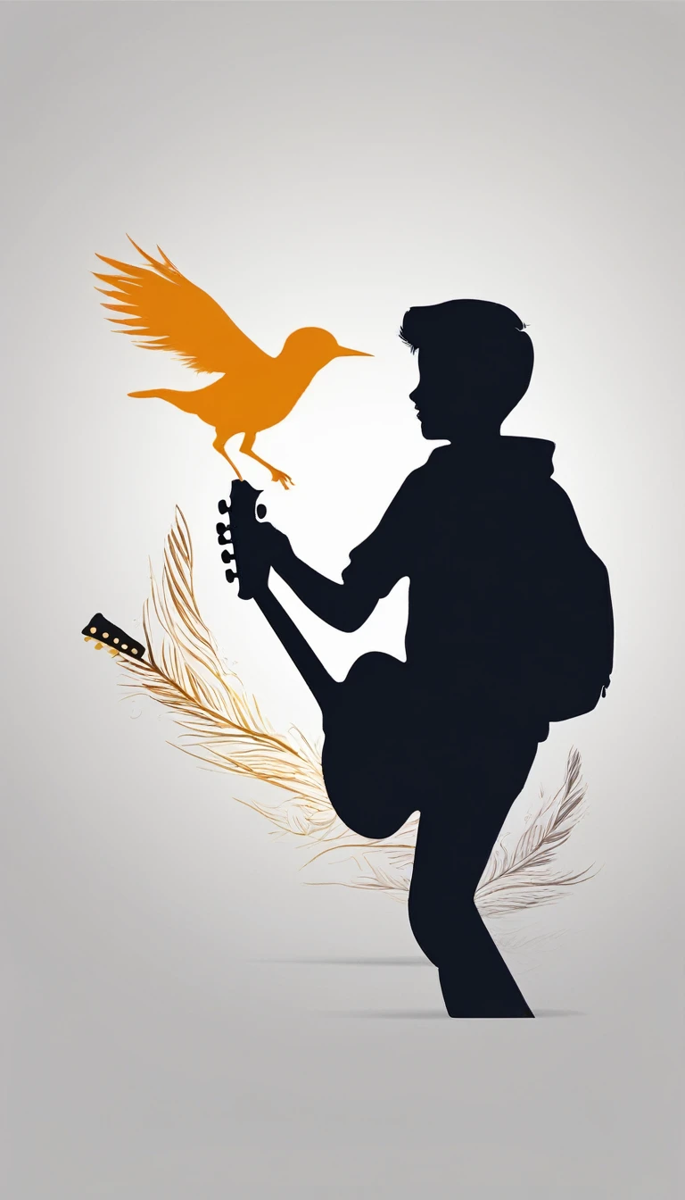 Create a modern, minimalistic logo design for a brand about music and movies. The logo must be in minimalistic style and convey a sense of storytelling. The logo is the silhouette of a boy and a bird. The boy is running with open arms, holding an acoustic guitar in the right hand and a bird feather in the left hand.