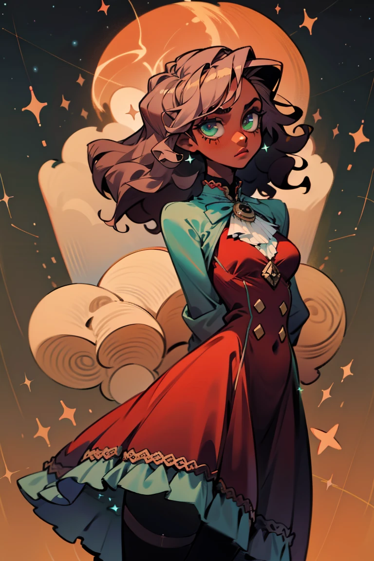 masterpiece, absurdres, 1girl, cowboyshot, tachi-e, mature woman, best aesthetics, medium breasts, wide hips, thick thighs, dark hair, narrow eyes, dark skin, ankle-length dress, arched nose, soft shading, very detailed face, clean lines, dynamic pose, anatomically correct, hyperdetailed, beautiful lighting, dark atmosphere, dark eyeshadow, good makeup, detailed hair, green eyes, sparkling eyes, telescope, magic, fantasy, medieval, high fantasy, black stockings, comfy, cozy, tareme, medium chest, SFW, long dress, arms behind back, outdoors, constellations in sky, stargazing, extremely curly hair, BC shape hair strand, closed wavy hair, african