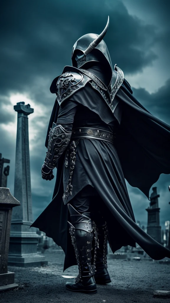 skullish, horn curved towards the back of the head, No eyes, black cape with collar, skeletor, apavorante, The background is a cemetery, de corpo inteiro, serious face with a cane