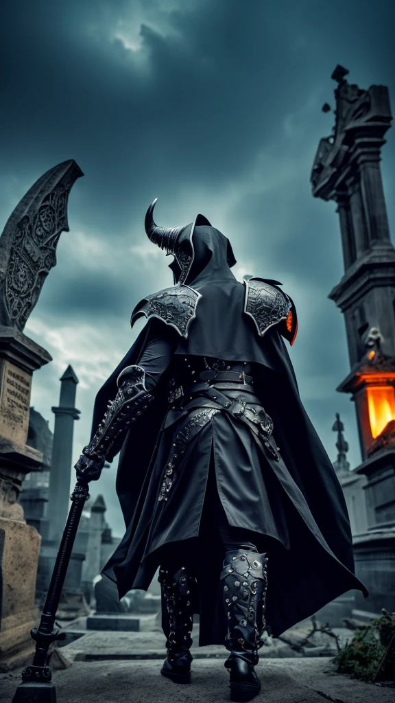 skullish, horn curved towards the back of the head, No eyes, black cape with collar, skeletor, apavorante, The background is a cemetery, de corpo inteiro, serious face with a cane