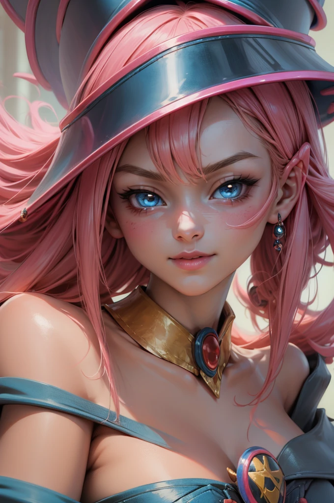 Beautiful face of dark wizard gils., blue eyes. pink lips. bright yellow hair. naked . big breasts, small pink nipples, angelic smile, beautiful well detailed face of the dark wizards gils. blowing a kiss. and winking. She is flirtatious with the viewer.. 